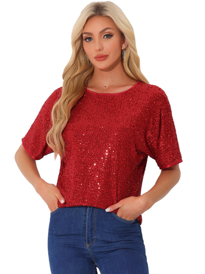 Sequin Top Round Neck Short Sleeve Party Clubwear Blouse