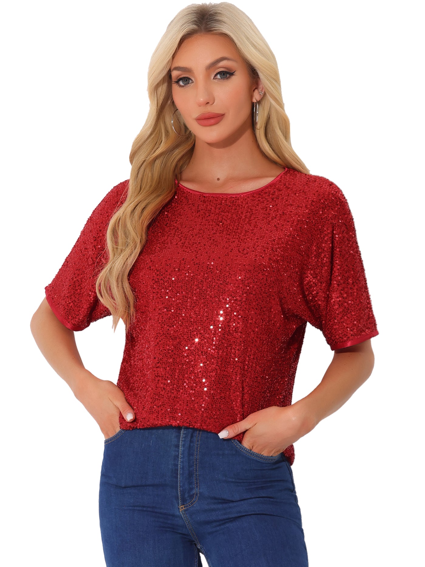 Allegra K Sequin Top Round Neck Short Sleeve Party Clubwear Blouse