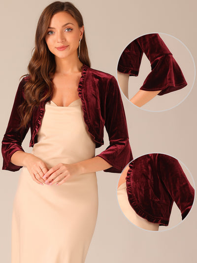 Velvet 3/4 Sleeve Open Front Ruffled Cocktail Cropped Shrug Bolero Jacket