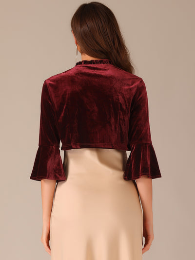 Velvet 3/4 Sleeve Open Front Ruffled Cocktail Cropped Shrug Bolero Jacket