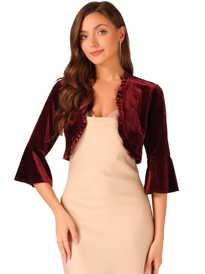 Velvet 3/4 Sleeve Open Front Ruffled Cocktail Cropped Shrug Bolero Jacket