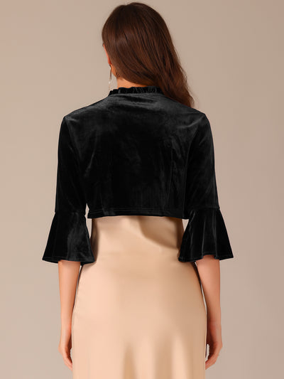 Velvet 3/4 Sleeve Open Front Ruffled Cocktail Cropped Shrug Bolero Jacket