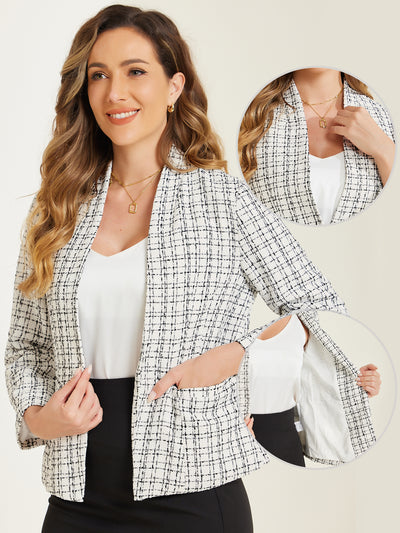 Long Sleeve Open Front Work Office Jackets Plaid Tweed Blazer