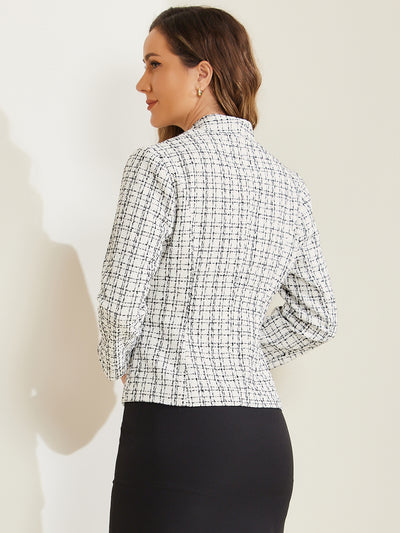 Long Sleeve Open Front Work Office Jackets Plaid Tweed Blazer