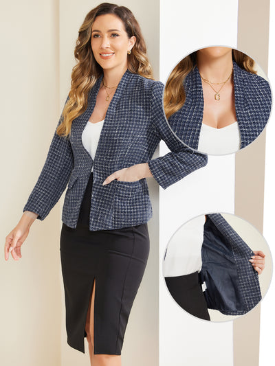 Long Sleeve Open Front Work Office Jackets Plaid Tweed Blazer