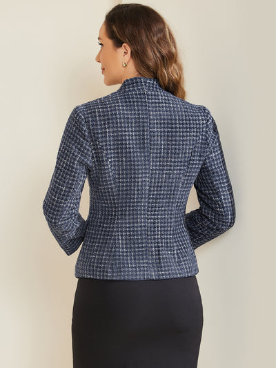 Long Sleeve Open Front Work Office Jackets Plaid Tweed Blazer