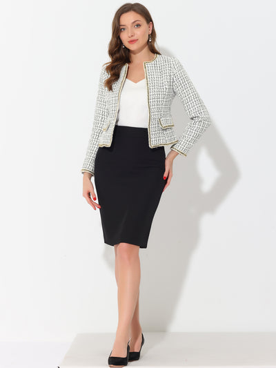 Plaid Tweed Long Sleeve Open Front Work Office Cropped Jacket Blazer