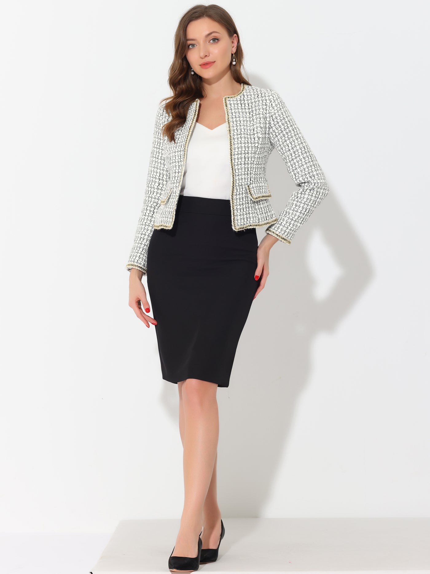 Allegra K Plaid Tweed Long Sleeve Open Front Work Office Cropped Jacket Blazer