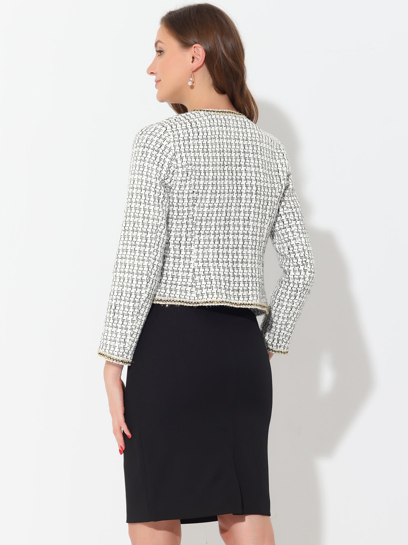 Allegra K Plaid Tweed Long Sleeve Open Front Work Office Cropped Jacket Blazer