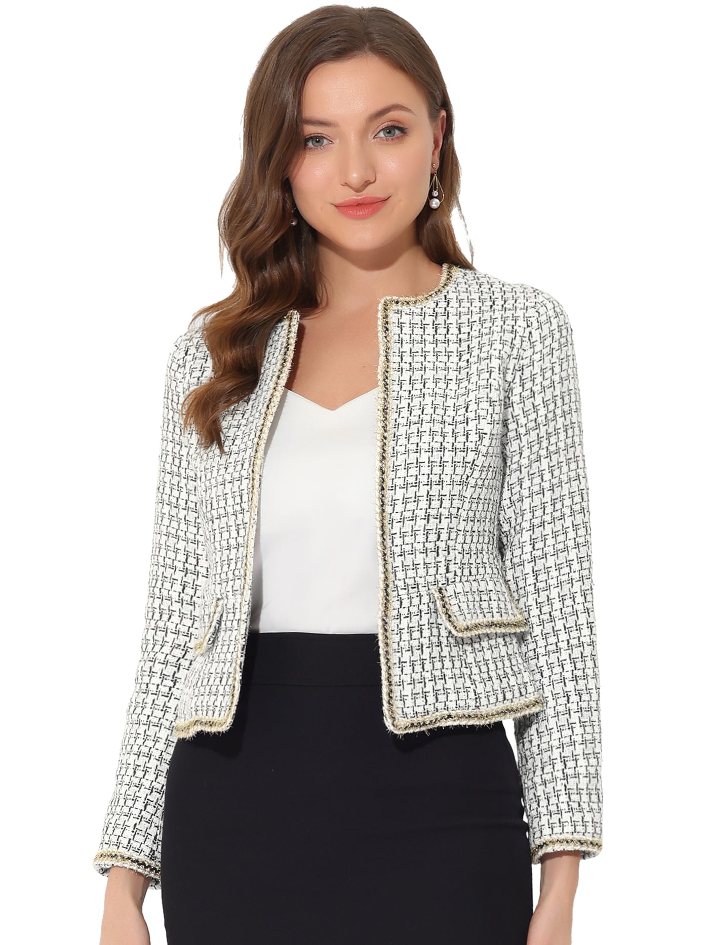 Allegra K Plaid Tweed Long Sleeve Open Front Work Office Cropped Jacket Blazer