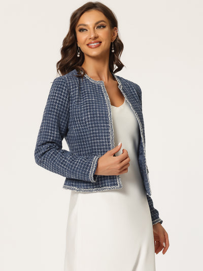 Plaid Tweed Long Sleeve Open Front Work Office Cropped Jacket Blazer