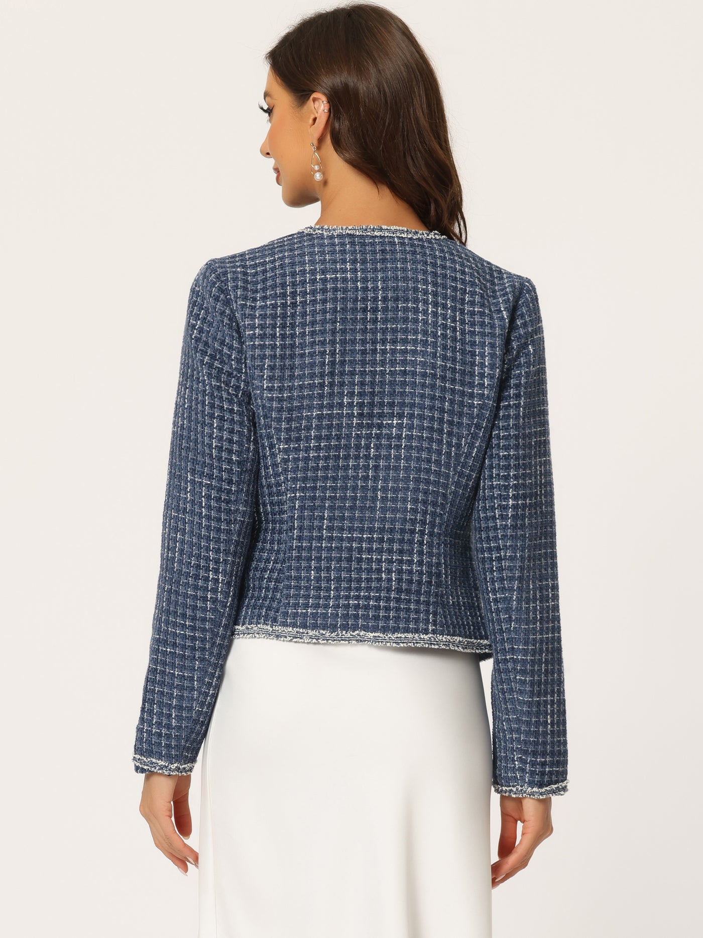 Allegra K Plaid Tweed Long Sleeve Open Front Work Office Cropped Jacket Blazer