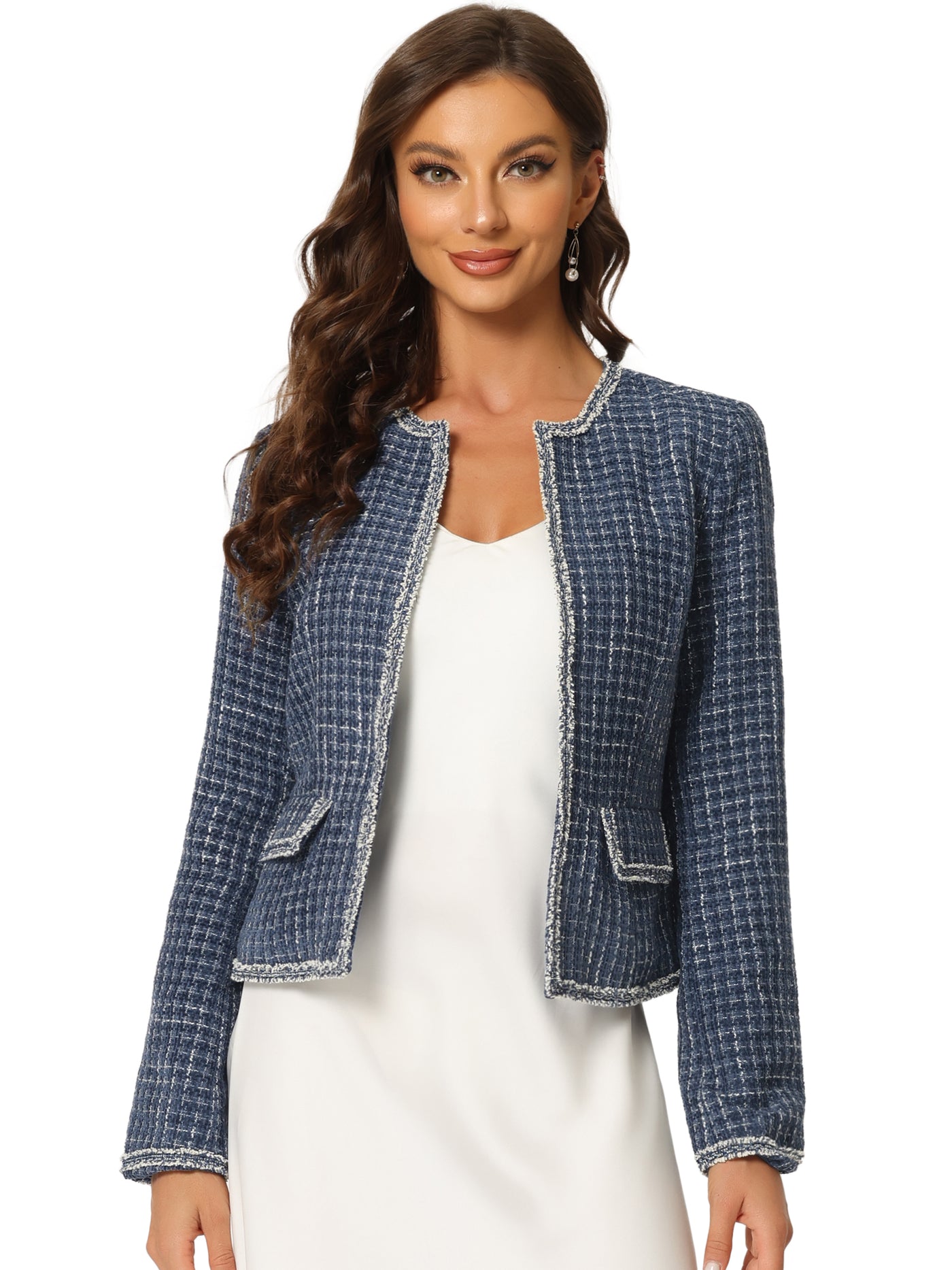 Allegra K Plaid Tweed Long Sleeve Open Front Work Office Cropped Jacket Blazer