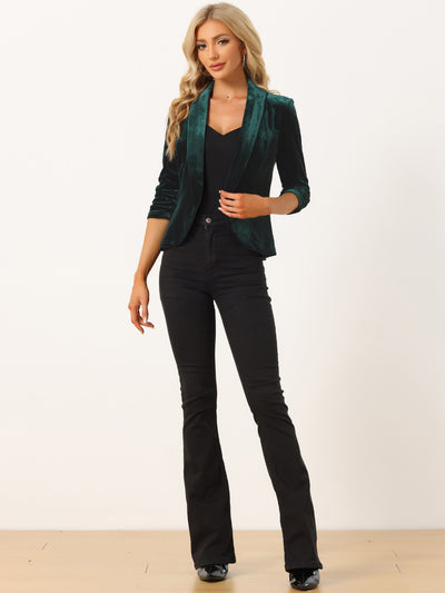 Lapel Collar Velvet Solid Office Work Open Front Blazer