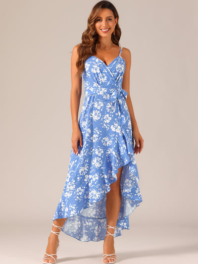 Spaghetti Strap Belted Ruffle High Low Hem Sleeveless Floral Maxi Dress