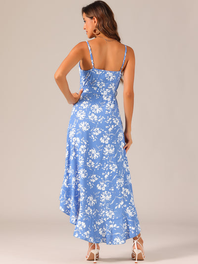 Spaghetti Strap Belted Ruffle High Low Hem Sleeveless Floral Maxi Dress