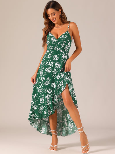 Spaghetti Strap Belted Ruffle High Low Hem Sleeveless Floral Maxi Dress