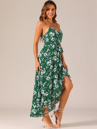 Spaghetti Strap Belted Ruffle High Low Hem Sleeveless Floral Maxi Dress