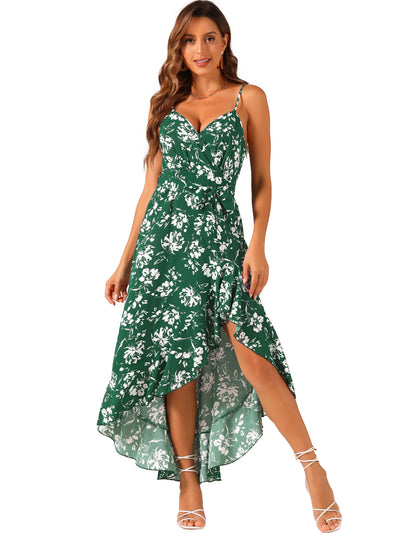 Spaghetti Strap Belted Ruffle High Low Hem Sleeveless Floral Maxi Dress