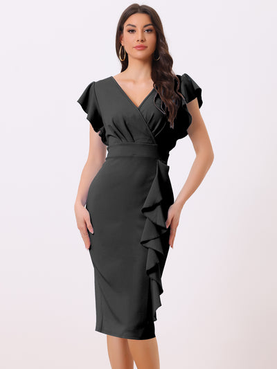 V Neck Ruffle Sleeves Pencil Slit Midi Cocktail Dress