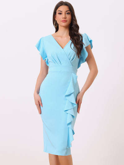 V Neck Ruffle Sleeves Pencil Slit Midi Cocktail Dress