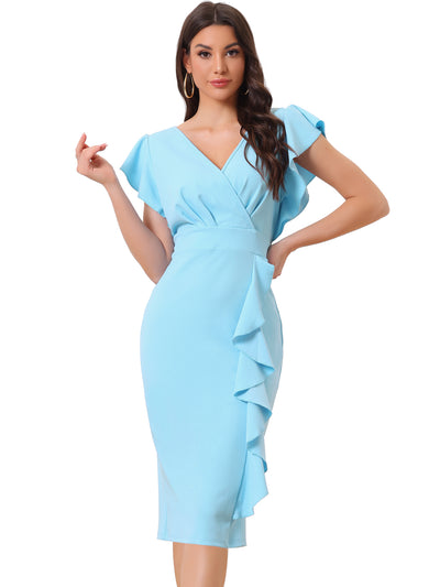 V Neck Ruffle Sleeves Pencil Slit Midi Cocktail Dress