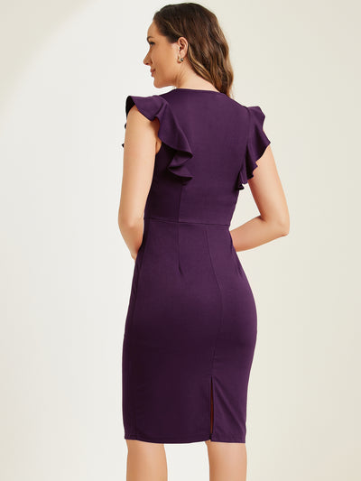 Ruffles V Neck Split Work Pencil Sleeveless Sheath Dress