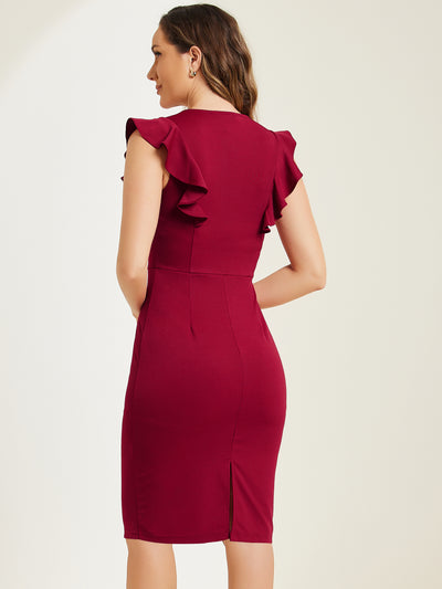 Ruffles V Neck Split Work Pencil Sleeveless Sheath Dress