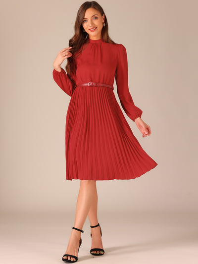 Stand Collar Long Sleeve Belted Pleated Midi Dress