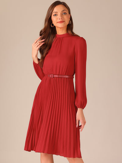 Stand Collar Long Sleeve Belted Pleated Midi Dress