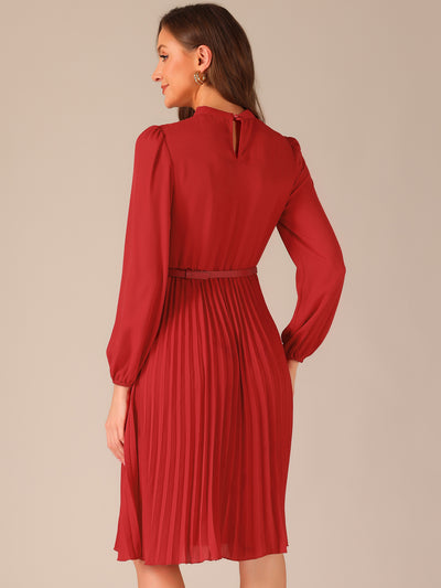 Stand Collar Long Sleeve Belted Pleated Midi Dress