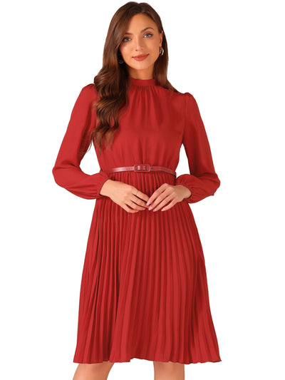 Stand Collar Long Sleeve Belted Pleated Midi Dress