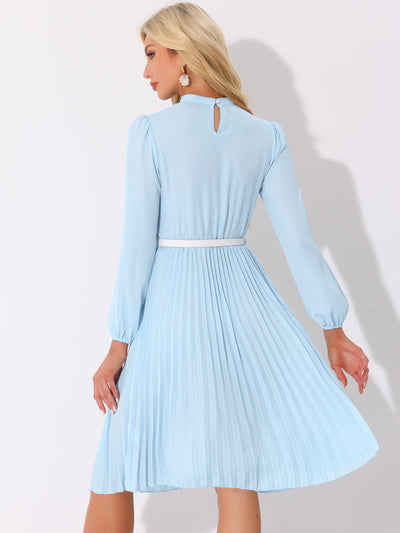 Stand Collar Long Sleeve Belted Pleated Midi Dress