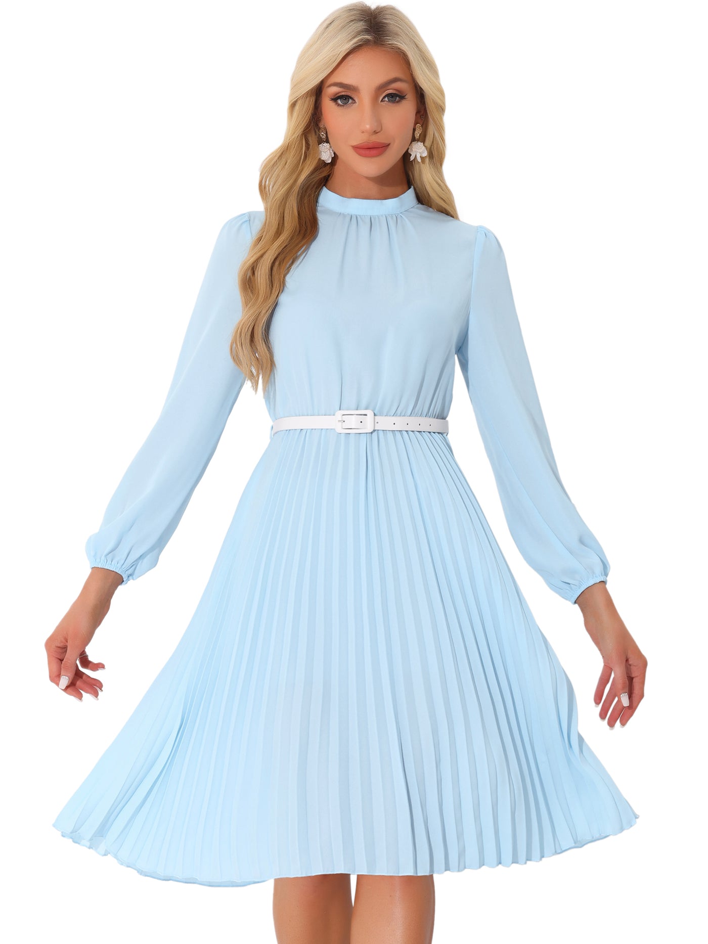 Allegra K Stand Collar Long Sleeve Belted Pleated Midi Dress