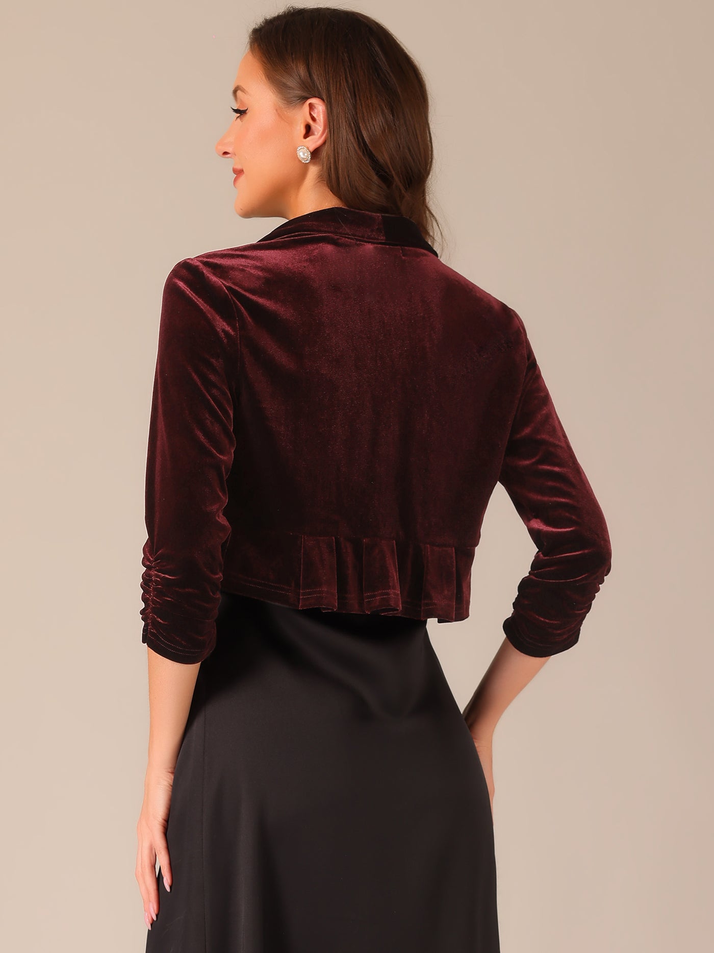 Allegra K 3/4 Sleeve Velvet Open Front Cropped Bolero Shrug