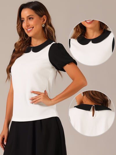 Peter Pan Collar Blouse Contrast Puff Short Sleeve Summer Top