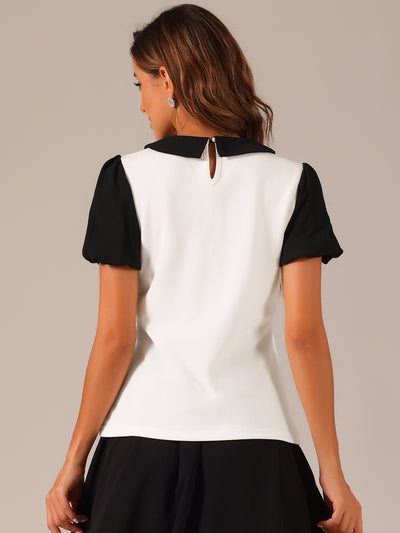 Peter Pan Collar Blouse Contrast Puff Short Sleeve Summer Top