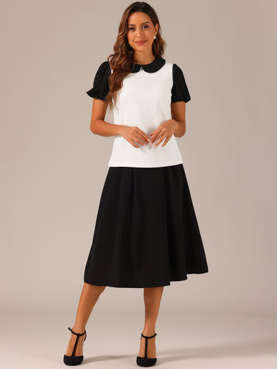 Peter Pan Collar Blouse Contrast Puff Short Sleeve Summer Top