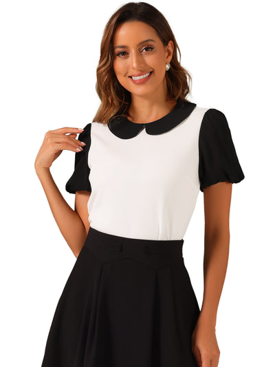 Peter Pan Collar Blouse Contrast Puff Short Sleeve Summer Top