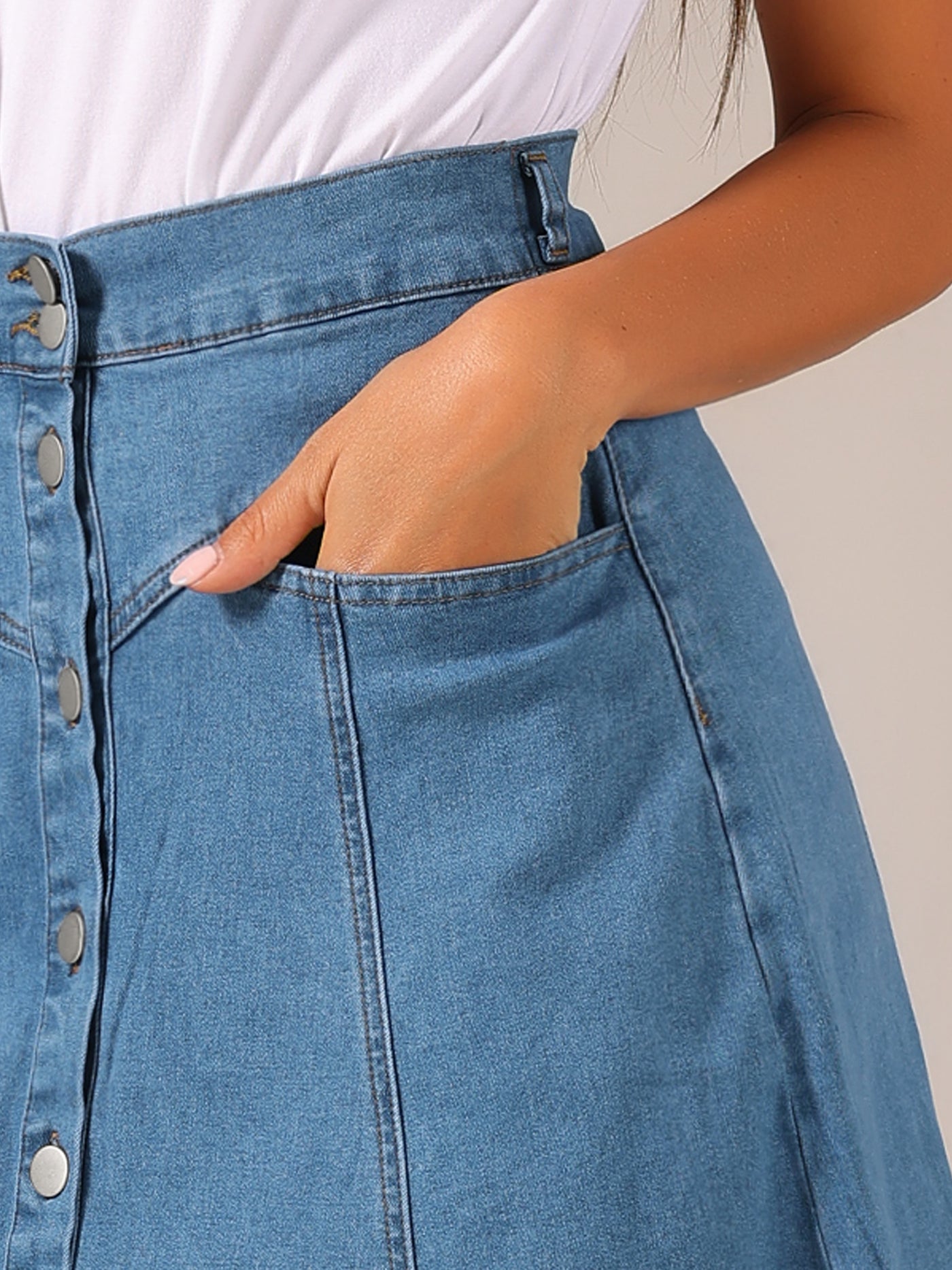 Allegra K Stretchy High Waist Buttons Front A-Line Flowy Pockets Midi Skirt