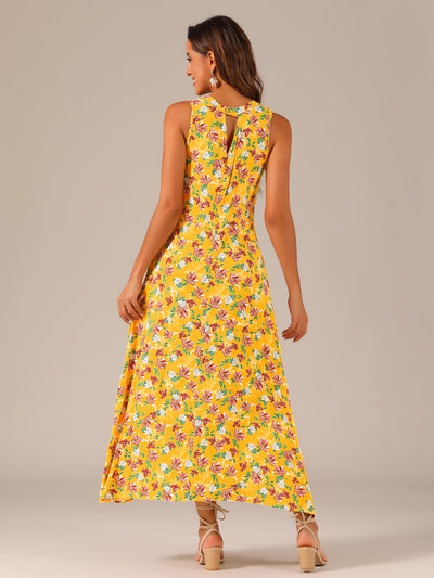 Split Hem Keyhole Flowy Summer Maxi Sleeveless Floral Dress Sundress