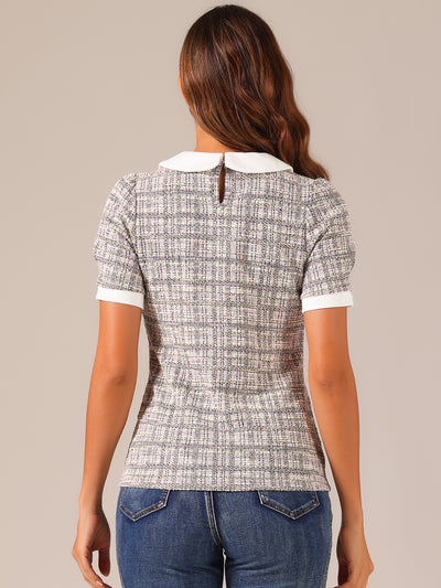 Tweed Top Button Decor Peter Pan Collar Blouse