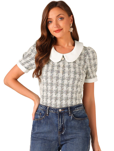 Tweed Top Button Decor Peter Pan Collar Blouse