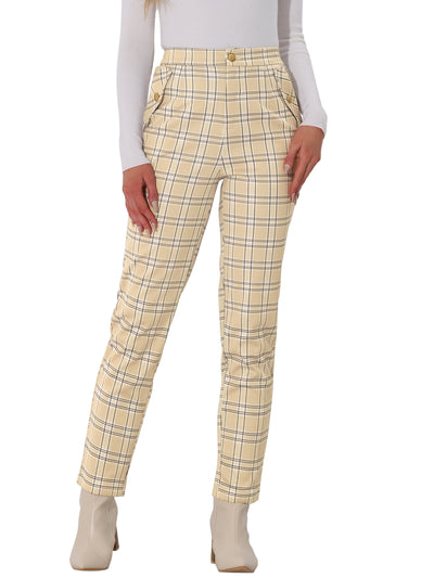 Vintage Tartan Plaid Pants Elastic Waist Straight Long Trousers