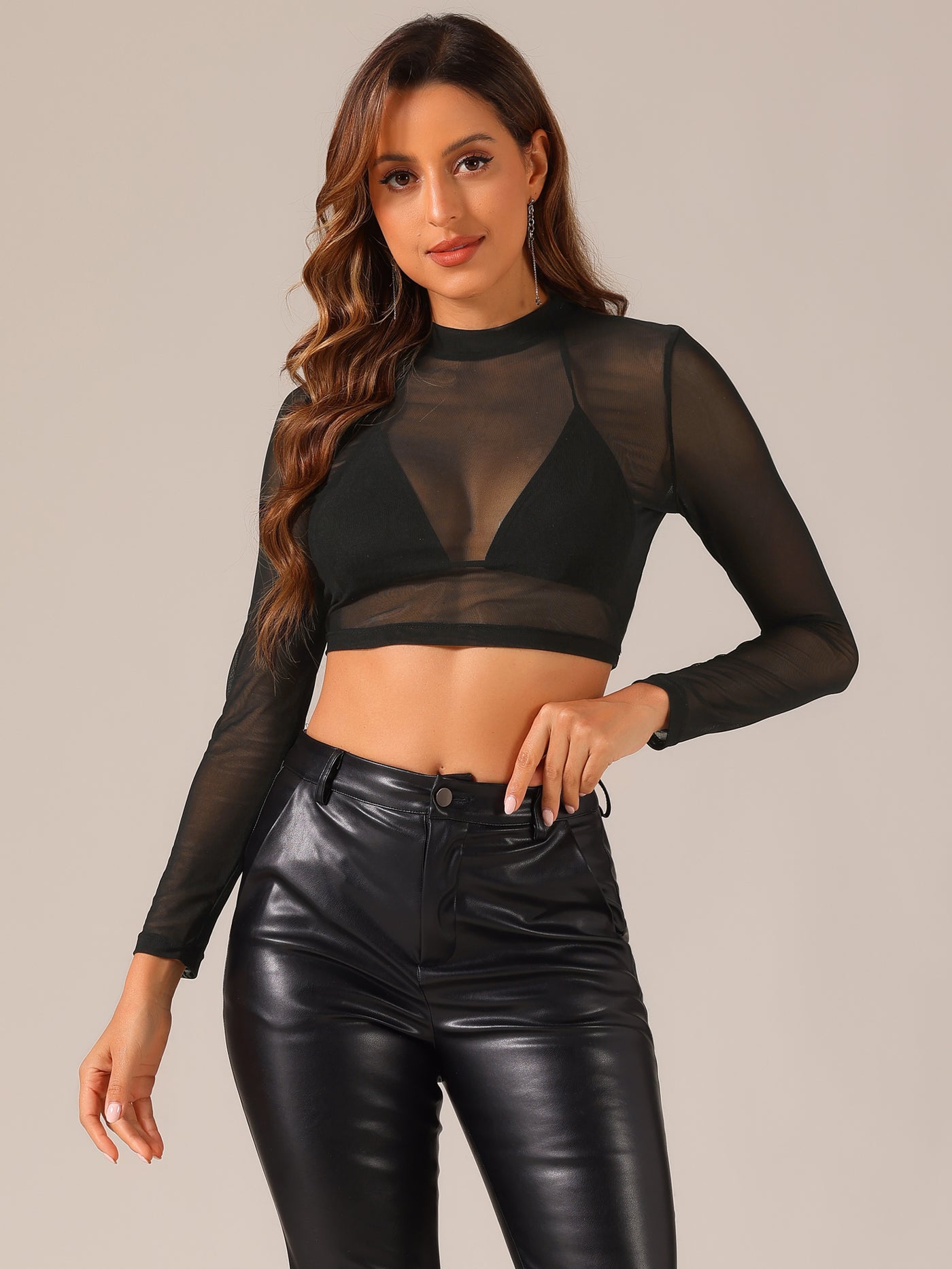 Allegra K Semi-Sheer Sexy Heart Mesh Crop Top Long Sleeve Blouse