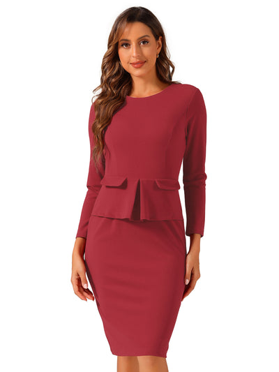 Bodycon Pencil Round Neck Bracelet Sleeve Peplum Office Sheath Dress