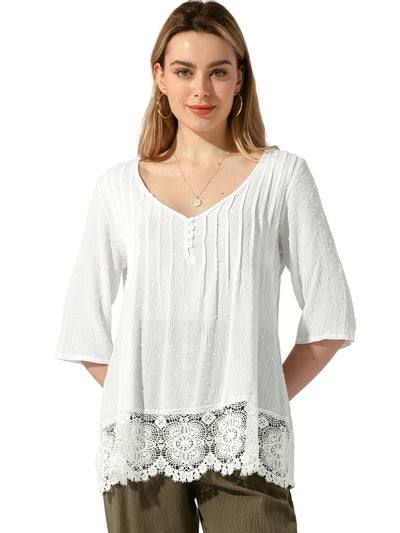 Lace Trim Pleated 3/4 Sleeve Swiss Dots Loose Fit Blouse