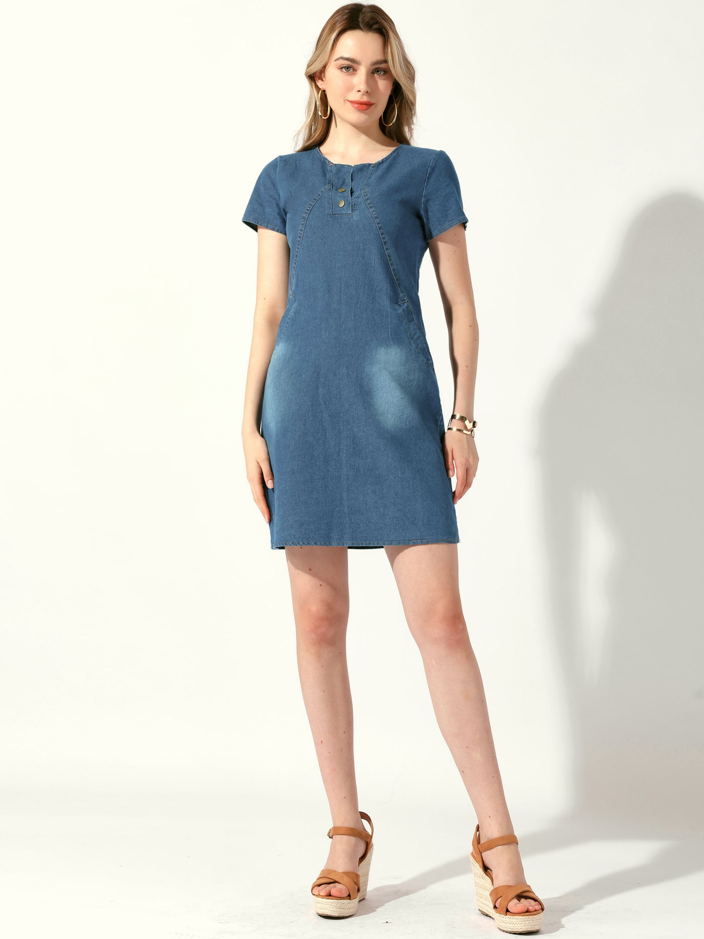 Allegra K Short Sleeve Denim Side Pockets Cotton Summer Mini Jean Dress