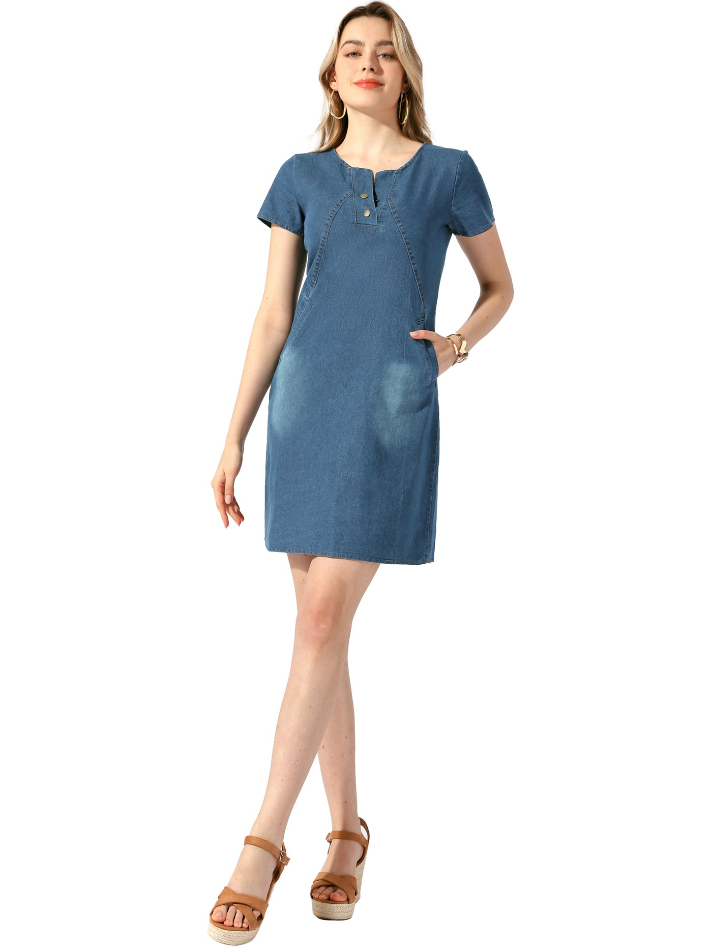 Allegra K Short Sleeve Denim Side Pockets Cotton Summer Mini Jean Dress