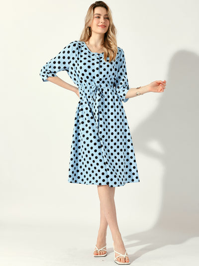 Polka Dots Print Ruched Sleeve Button Drawstring Waist Midi Dress